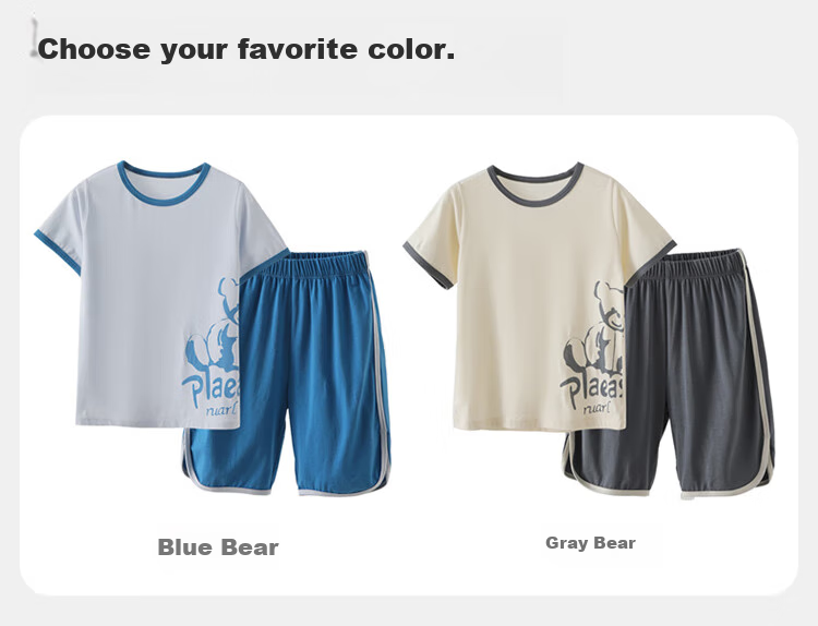 Dingguagua Children's Pajamas for Boys, Summer Thin Lyocell Cotton Sleepwear, Air Conditioning Wear, Big Kids Short-Sleeve Set 10