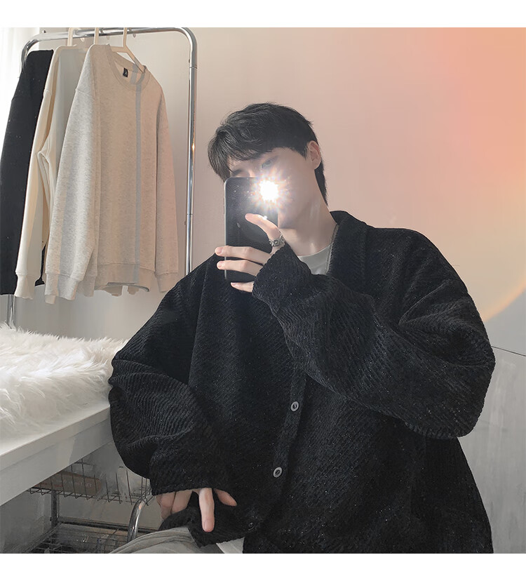 Dingfengbaoluo American Style Fishbone Pattern Jacket Men Autumn Lapel Loose Textured Casual Long Sleeve Shirt XJM65 Black M 12