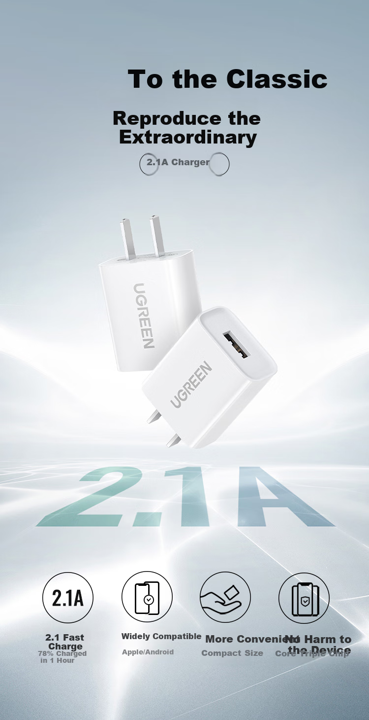 UGREEN 5V 2A/1A Charger, USB Power Adapter Socket, Suitable for Watches, IPhone 18/17/16/15 Air, Apple, Huawei, Xiaomi Phones, Smartwatches, Earphones, Power Supply Adapter 1