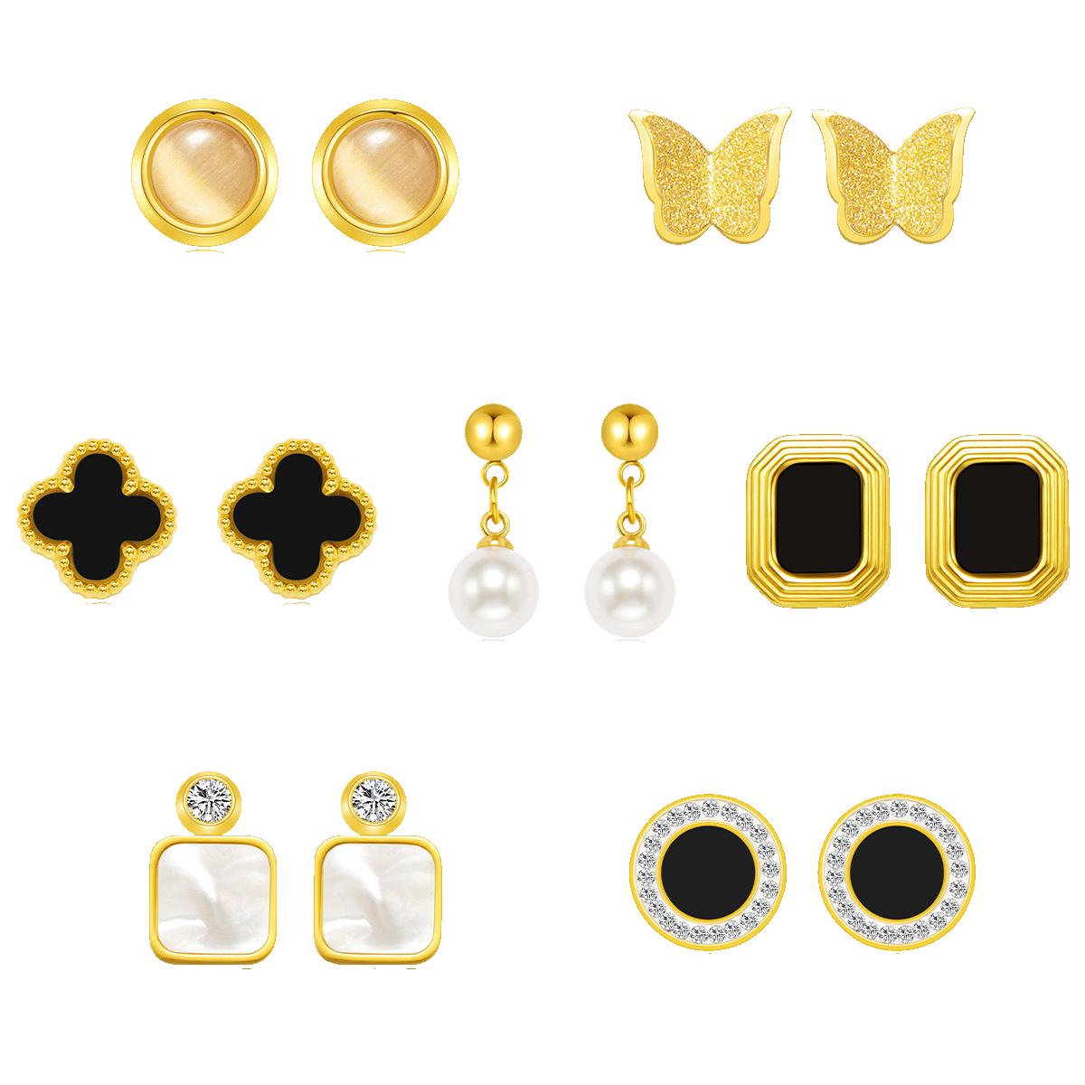 Cosqi Butterfly Four-Leaf Clover Weekday Stud Earrings Shell Earrings Gift Box Hong Kong Style Cool Elegant Temperament Jewelry Set for Girlfriend