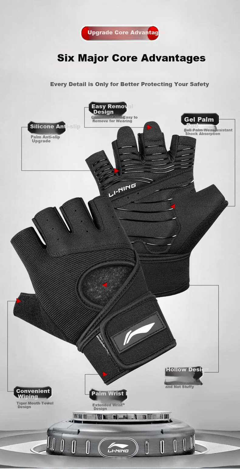 Li-Ning Fitness Gloves with Wrist Guards, Unisex Barbell Weightlifting Pull-Up Sports Gloves for Men And Women, Shock-Absorbing Non-Slip Cycling Gloves 3