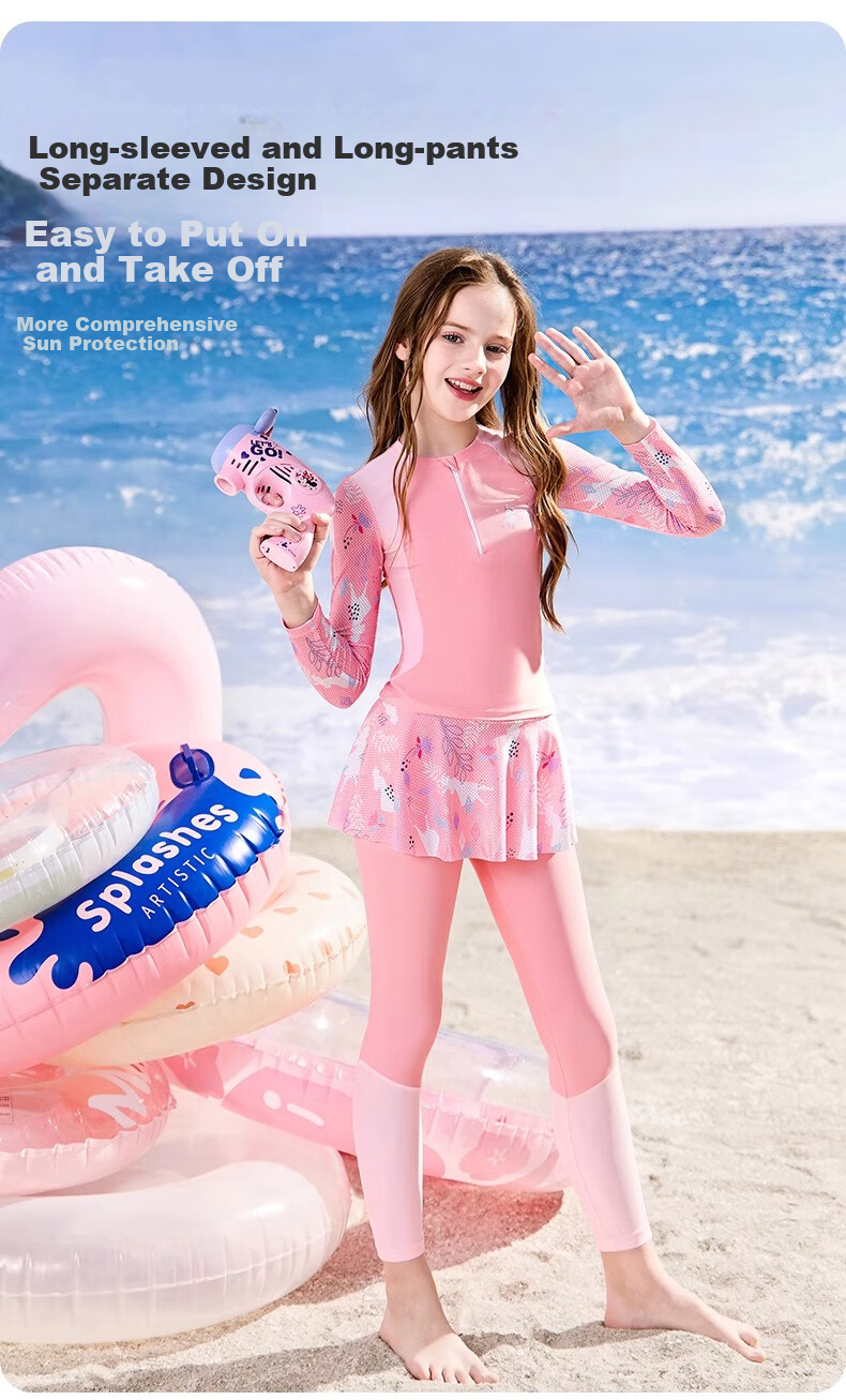 Disney Girls' Swimwear Set for Kids 6-12 Years, Two-Piece Long Sleeve and Pants, Sun Protection, Large Kids Swimming Suit D35071 Pink Size 140 4