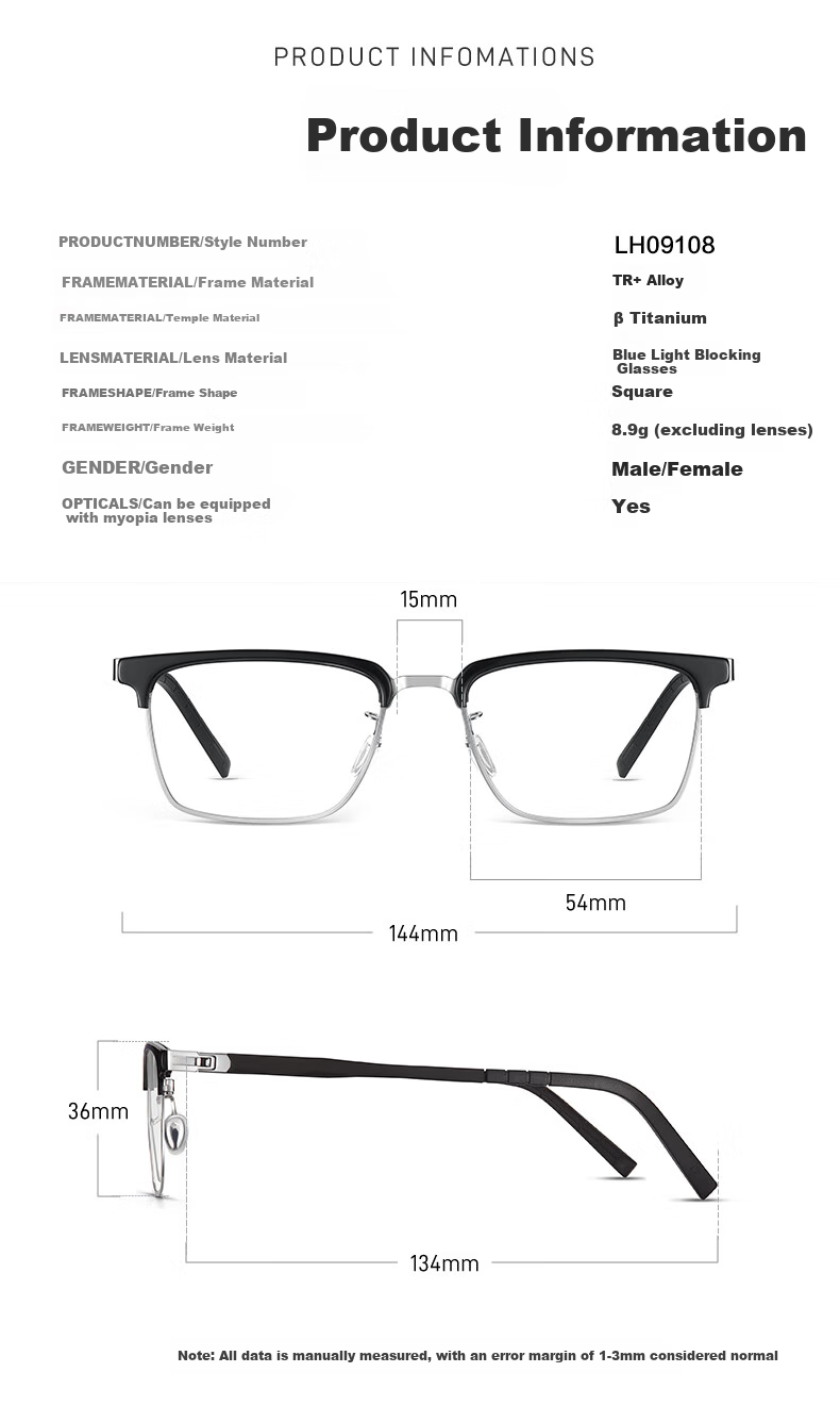 ZEISS Thin Steel Series | Ultra-Light Browline Business Semi-Rimless Myopia Glasses for Men, Professional Anti-Blue Light And Radiation Protection, Compatible with ZEISS Lenses 9