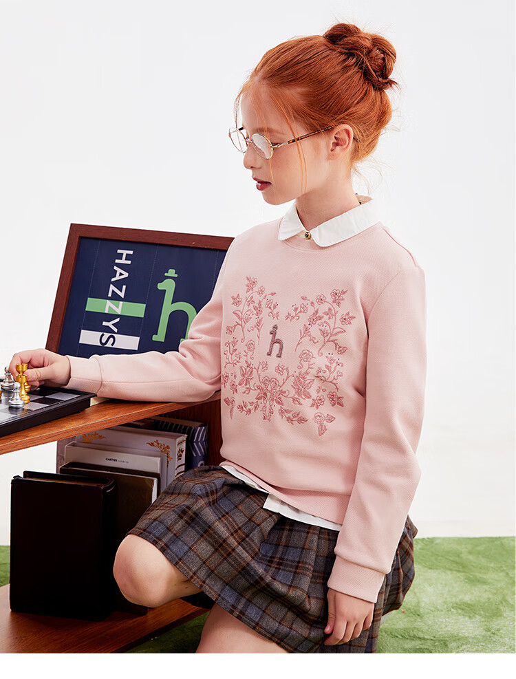 HAZZYS Brand Girls' Spring New Embroidered Rhinestone Beautiful Sweatshirt Pullover Off-White 145 3