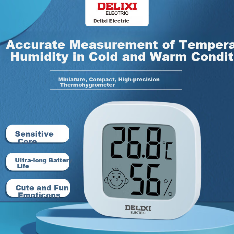 DELIXI ELECTRIC Home Indoor Thermometer with Smiley Face, Baby Room Alarm Clock Timer Electronic Digital Display Temperature And Humidity Meter Thermometer