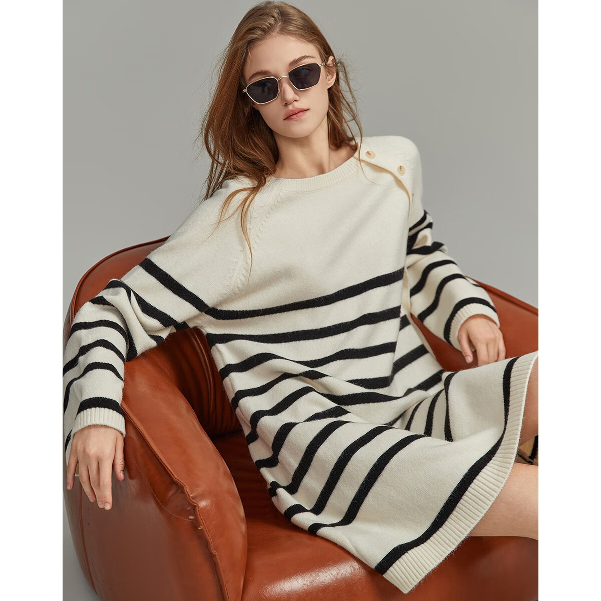 Demana Minimalist Spring Autumn Crew Neck Striped Velvet Yarn Straight Asymmetric Button Mid-Length Dress for Women