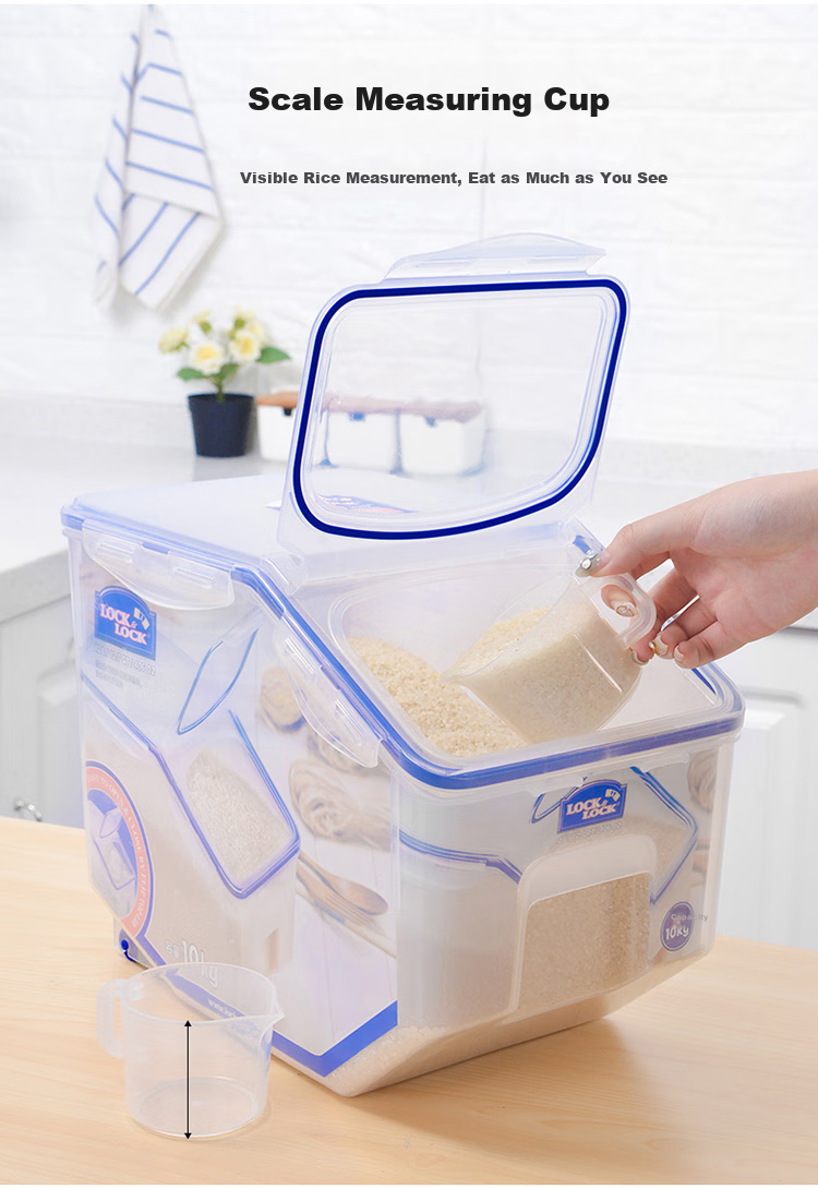 LOCK&LOCK Plastic Multi-Grain Rice Container, Sealed Storage Rice Box, 12 Liters Capacity (Can Hold 10kg of Rice), with Wheels And Measuring Cup Included 10