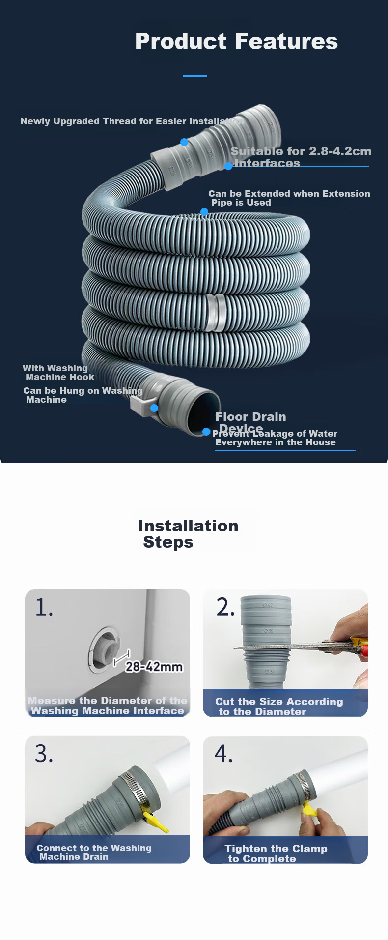 Gelinglan Fully Automatic Impeller Washing Machine Drainage Pipe Extension, Washing Machine Outlet Pipe Extension, Washing Machine Drain Pipe Flexible Hose Accessories with Clamp, 1 Meter GXS-1 5