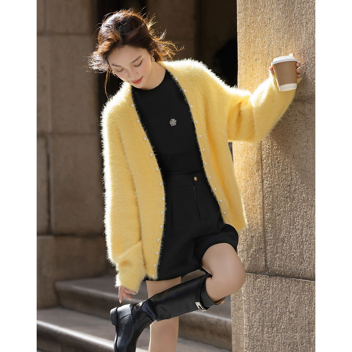 Demana Textured Faux Mink Velvet Autumn V-Neck Beaded Cardigan Loose Fit Knit Top for Petite Women