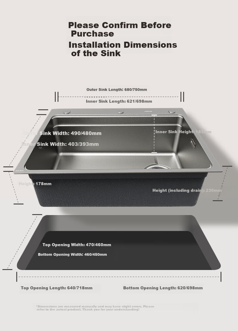 ARROW Kitchen Sink Gun Gray Nano Wide-Edge Large Single Bowl, Integrated Undermount Sink for Kitchen, Dishwashing And Vegetable Washing Table 22