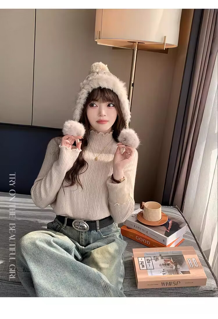 LangSha Women's Autumn Winter Fleece Lined Thickened 2025 New High-End Half Turtleneck Ruffled Knit Sweater Top 15