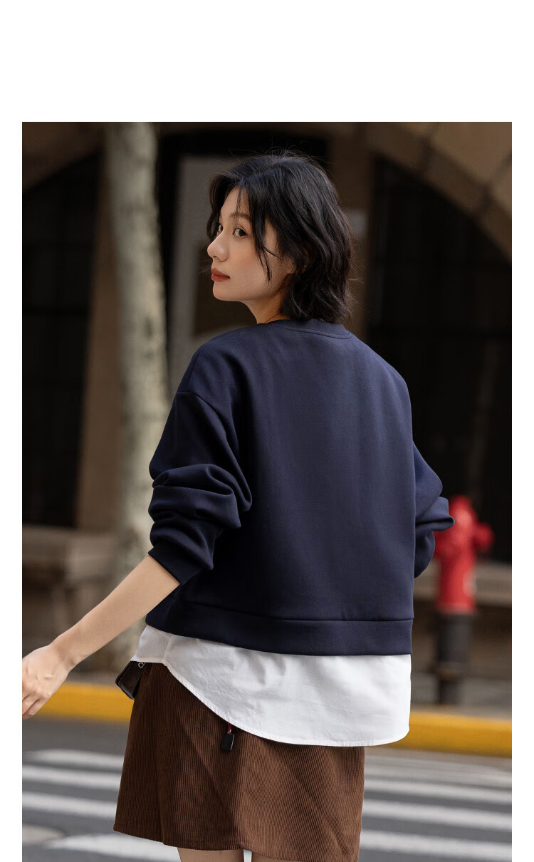Demana Fresh Cloud Oxygen Cotton Spring Autumn Design Hollow Out Fake Two-Piece Loose Stretchy Slimming Sweatshirt for Women 2