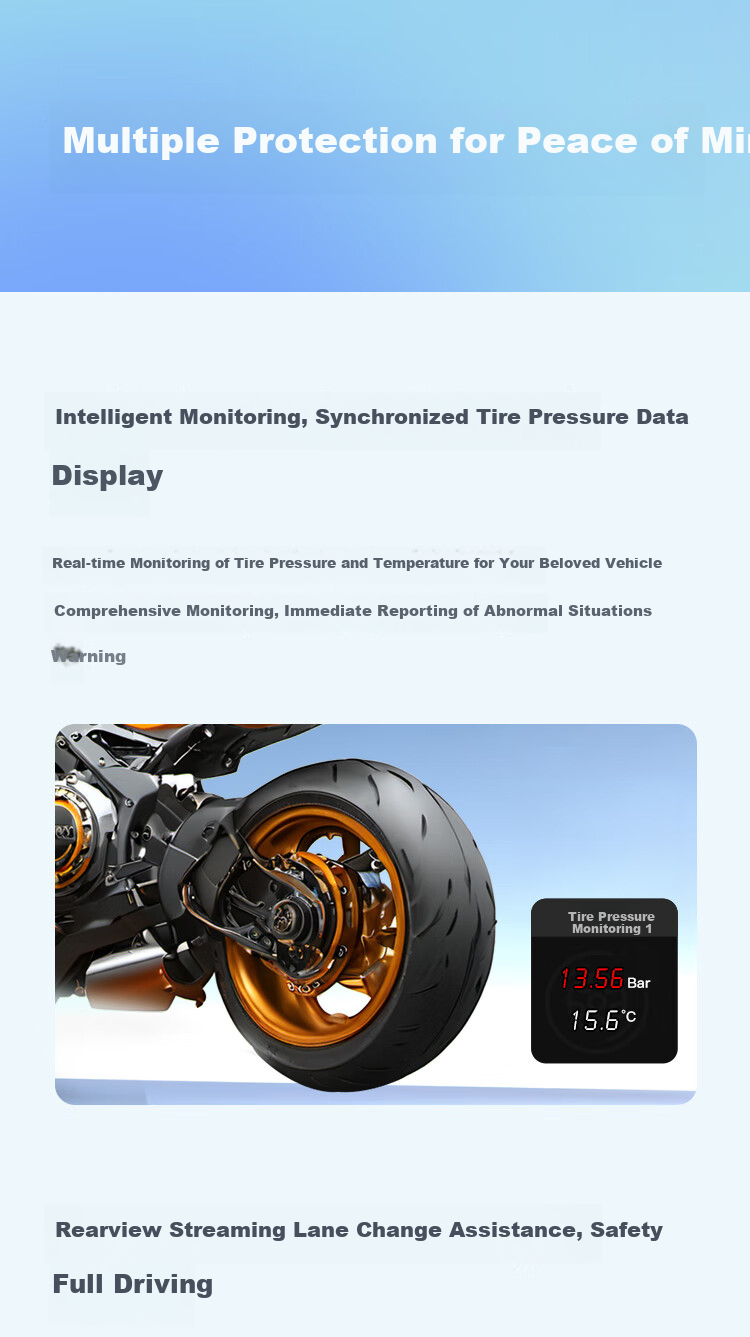 Tupozhe M12-ProMax Motorcycle Dash Cam, Smart Car System for Motorcycles, Navigation, Wireless Screen Mirroring, High-Definition Dual Cameras, Main Unit + Dual Cameras + Tire Pressure Monitor 12