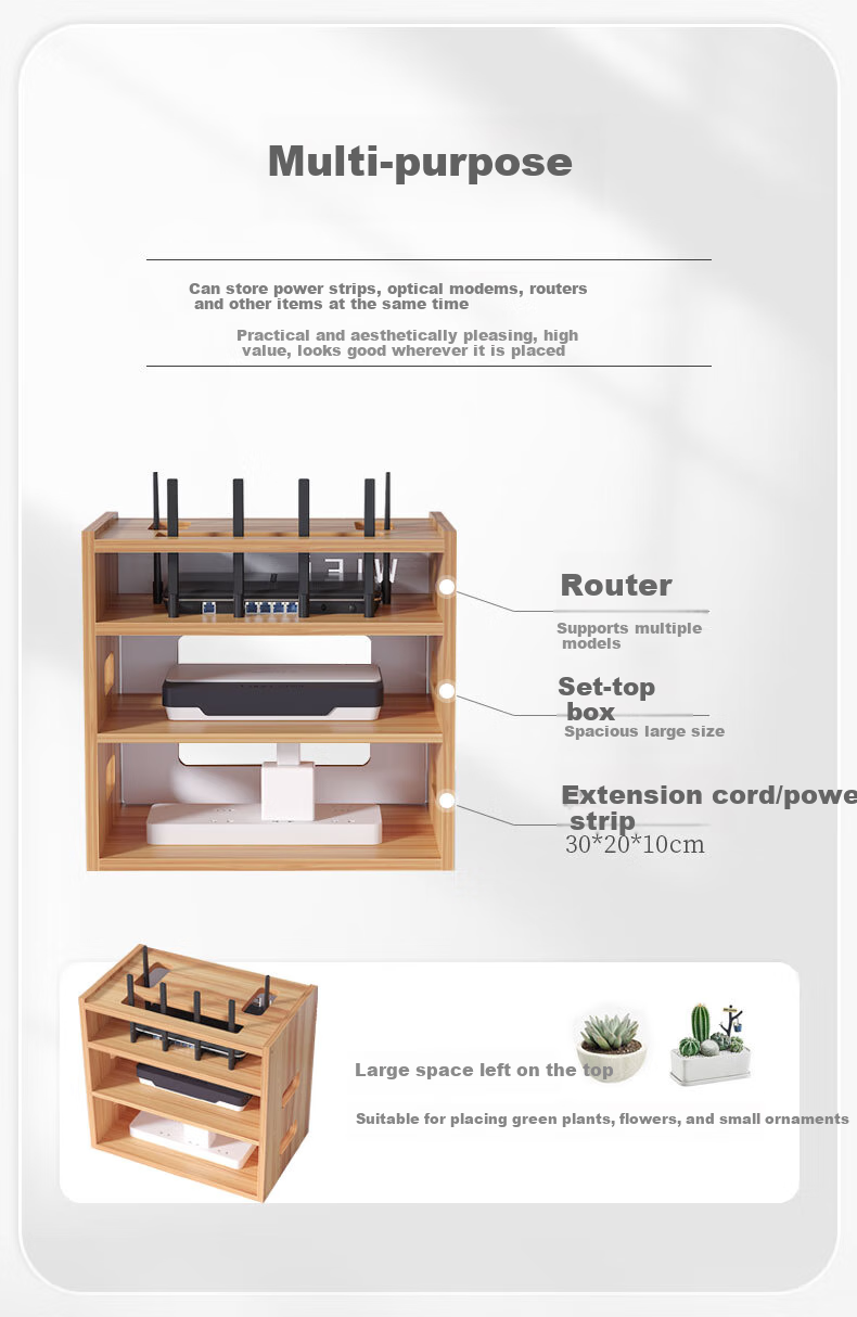 Shuranjia Router Storage Box, Power Strip Holder, Set-Top Box And Optical Modem Shelf, Density Board, Cherry Wood Color, 05-4 1