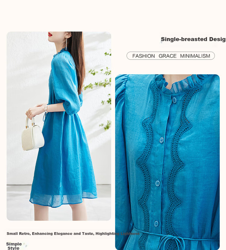Dme [Breathable 100% Ramie] Spring And Autumn Natural Comfortable Round Neck Tie-Up Embroidered Three-Quarter Sleeve Dress 5