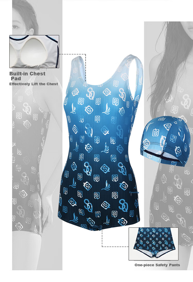 Sanqi Women's Swimsuit, 2025 New Style, Conservative One-Piece, Boyshort, Plus Size, Competitive Professional Training, Hot Spring Swimwear, Blue, Size M 2