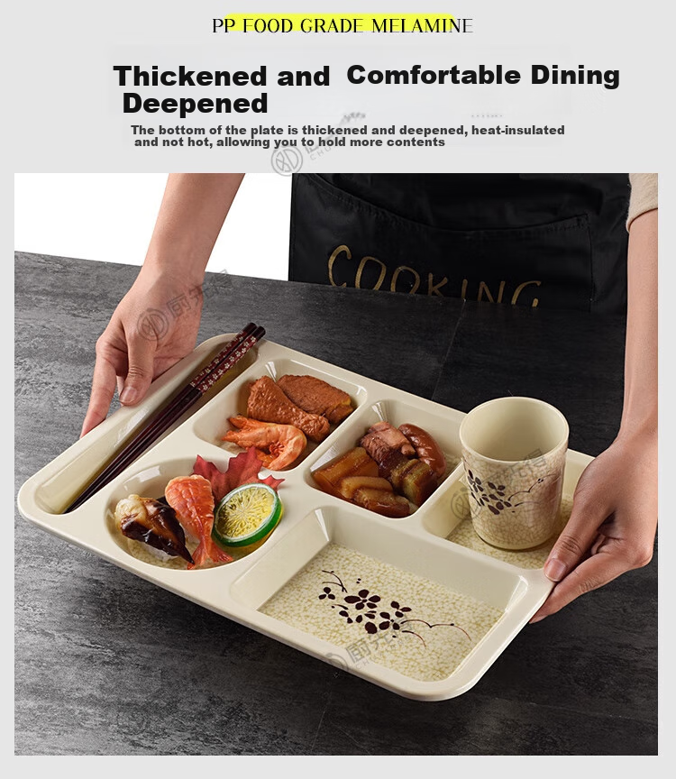Chuxiande Commercial Extra Thick Melamine Six-Compartment Imitation Porcelain Plate, Divided Meal Tray, Fast Food Container, Serving Tray, White 4