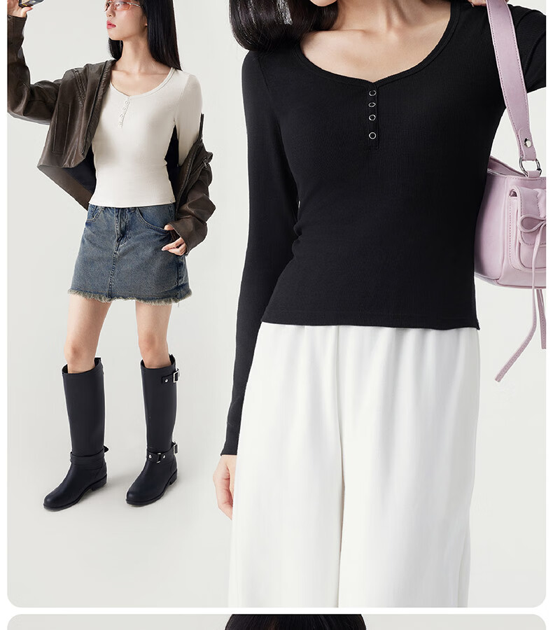 Half-Lined Thermal Base Layer with Chest Pad, Warm Innerwear, Long Sleeve U-Neck T-Shirt for Women, Spring Autumn Winter, No Bra Needed 17
