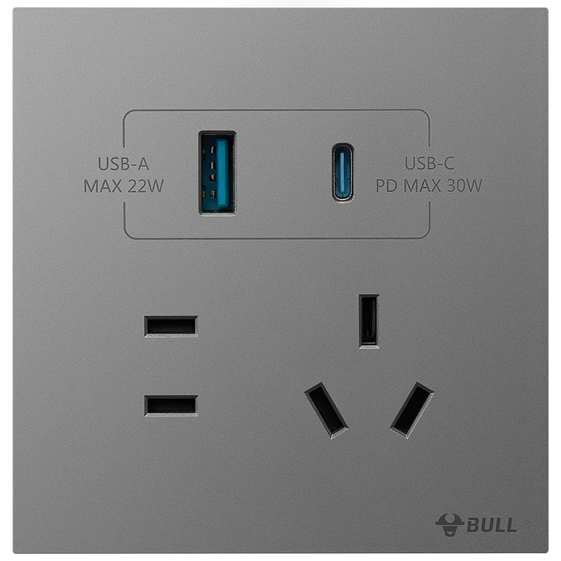 BULL Switch Socket G57 Butterfly Ultra-Thin Five-Hole with USB+Type-C Interface, 30W Fast Charging, G57E537 Distant Mountain Gray