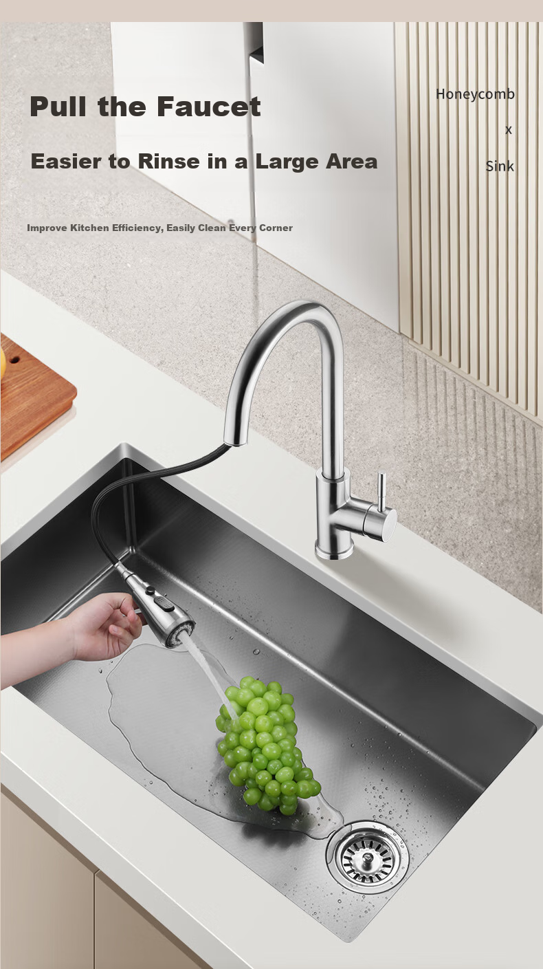 OULIN Kitchen Sink, Large Single Basin, Scratch-Resistant Textured 304 Stainless Steel Sink, Pull-Out Faucet, Thickened 3.0 11