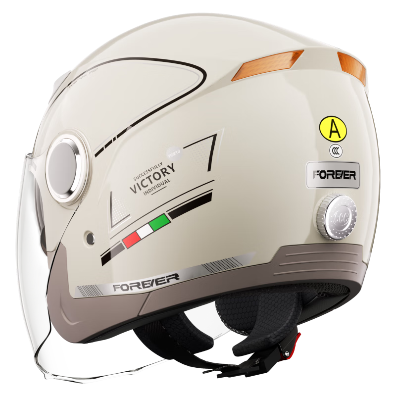 FOREVER 3C Certified Electric Vehicle Helmet, Summer Sun Protection Breathable Motorcycle Warm Safety Helmet, Adjustable Head Circumference, Unisex All-Season Universal Electric Scooter 3/4 Helmet with Double Visor, 320 Champagne Color