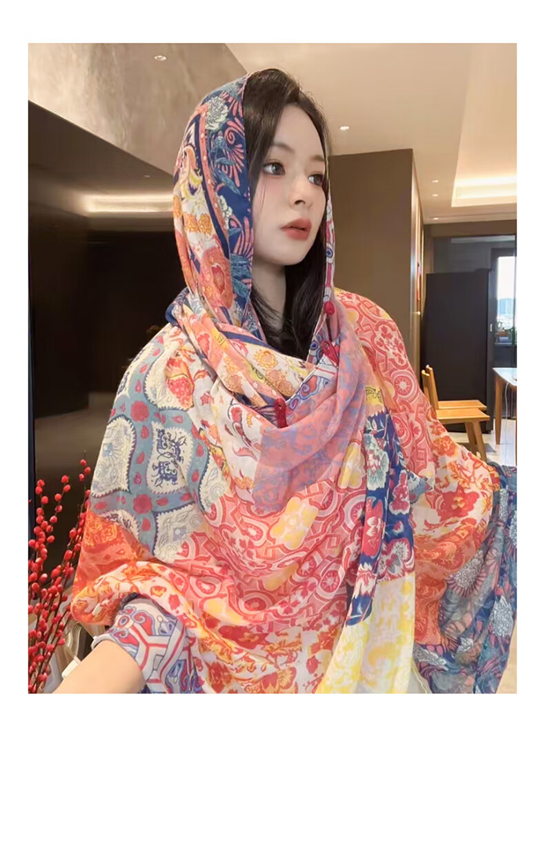 Jian Cai Premium Printed Silk Scarf for Women 2026 New Shawl Travel Sun Protection Gauze Scarf Ethnic Style Frog Button Wrap Beach Outerwear 10