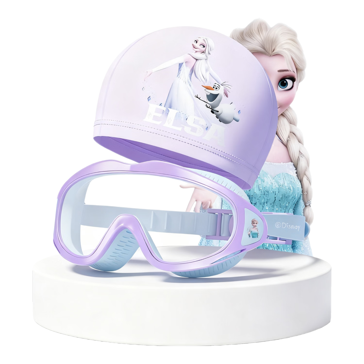 Dishini Children's Swimming Goggles for Boys And Girls, High Definition Waterproof Anti-Fog Large Frame Swimming Glasses Three-Piece Set D65646 Elsa Princess Purple