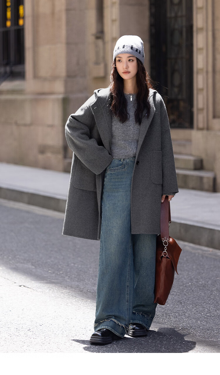 Demana College Style Winter Hooded Long Sleeve Mid-Length Wool Coat with Front Pockets and Open Placket 11