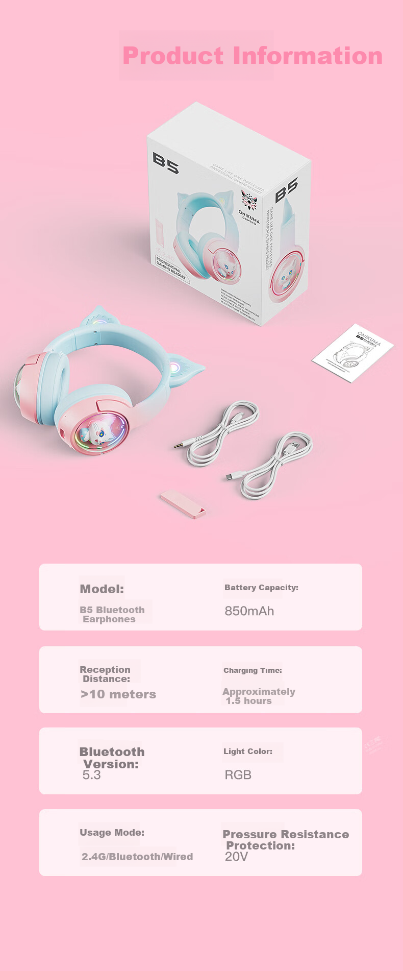 ONIKUMA Wireless Bluetooth Headphones with Microphone, Noise-Cancelling, for Women's Online Classes, Music, Gaming, Three-Mode Headphones, Suitable for Live Streaming, Computers, Tablets, Cute Cat Ears Design, Birthday Gift 8