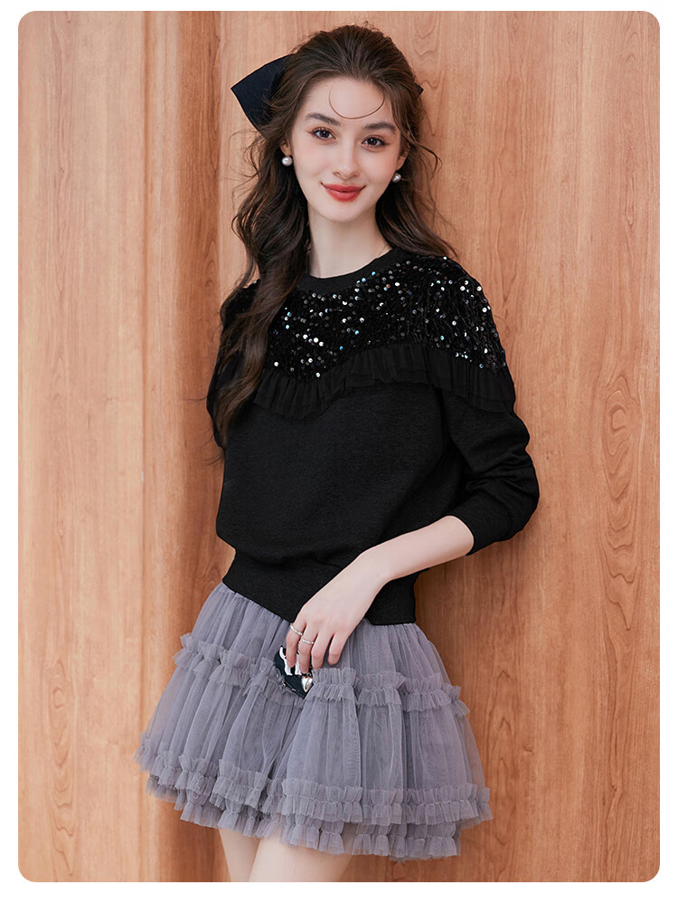 LOUISYAO Sequin Embellished Mesh Splice Sweatshirt 2025 Autumn Winter New Split Hem Fashion Top for Women Gray S 16