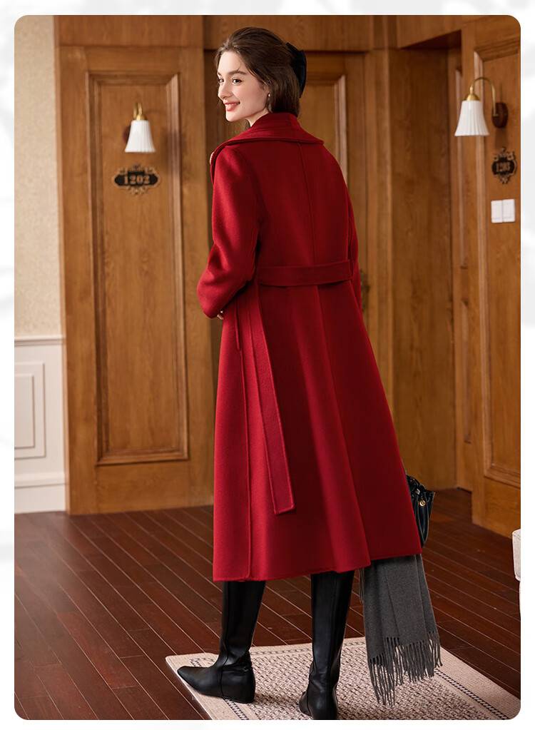 Bailu Elegant Commuter Double-Sided Wool 25 Winter New Belted Slim Fit 100% Wool Coat Women French Red L 6