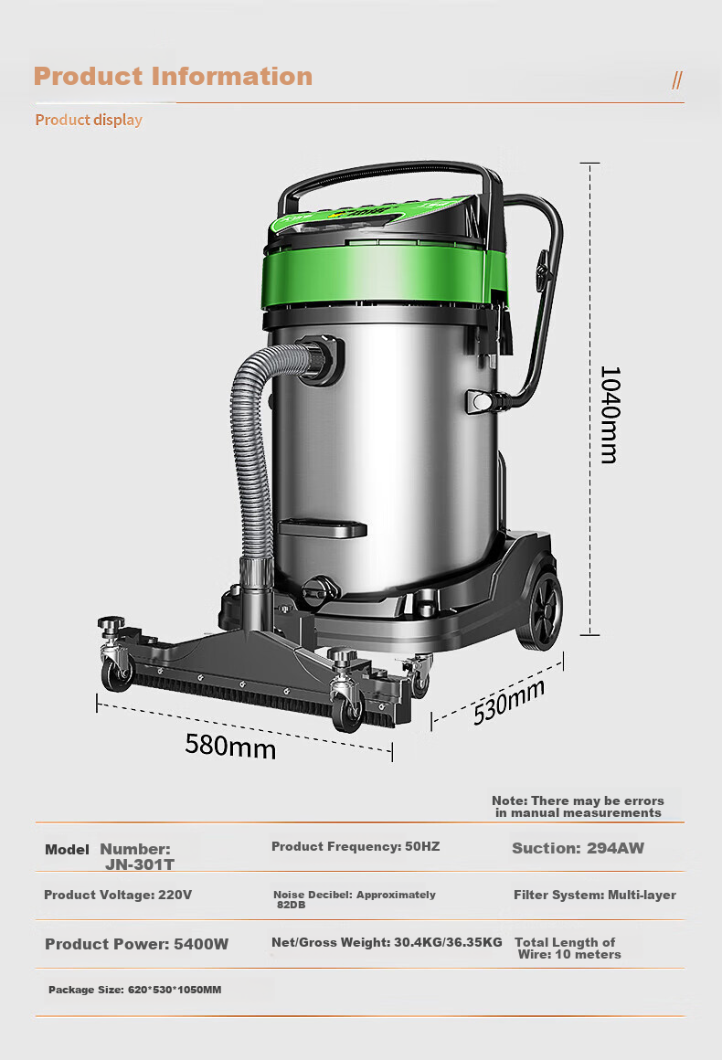 Jienuo 5400W High-Power Wet And Dry Commercial Industrial Vacuum Cleaner with Strong Suction for Factories, Workshops, Dust And Water Absorption JN-301T Edge Push And Suctio 13