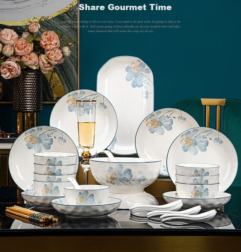 KANGQIN Underglaze Color Dinnerware Set for Home Use, 2025 New Stylish Ceramic Bowls, Plates, Chopsticks And Tableware Set, Fragrant 21