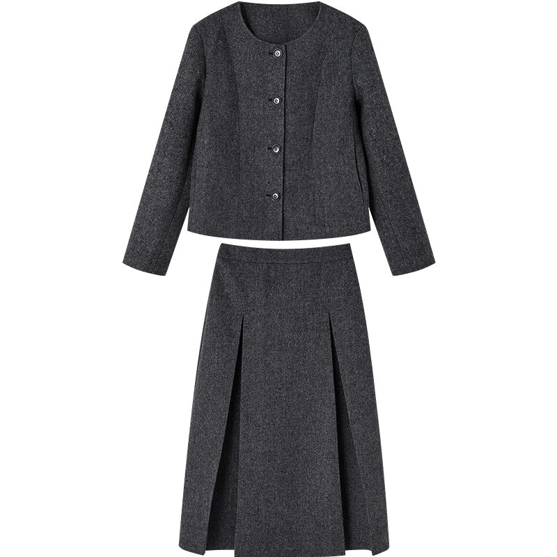 Demana [With Wool] Winter Sesame Dot Woolen Suit Round Neck Short Jacket Pleated A-Line Skirt Women's Two-Piece Set