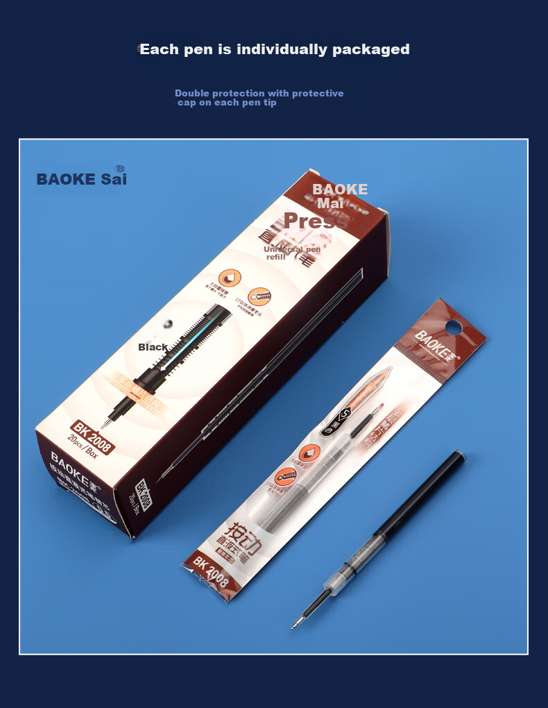BAOKE BK2008 Retractable Gel Pen Refill, 0.5mm Direct Liquid Type, Black, 20 Pieces/box 9