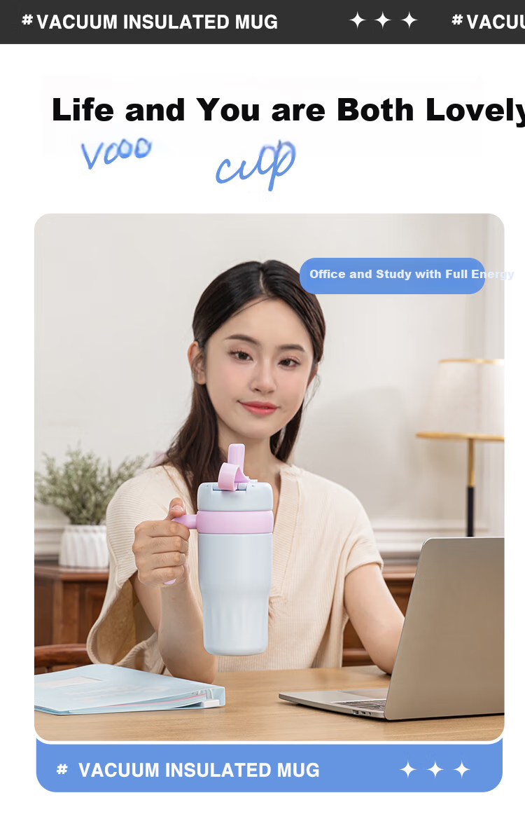 LOCK&LOCK Dopamine Insulated Coffee Mug for Men And Women Students, Desktop Tumbler with Handle, 560ML, White And Blue 13