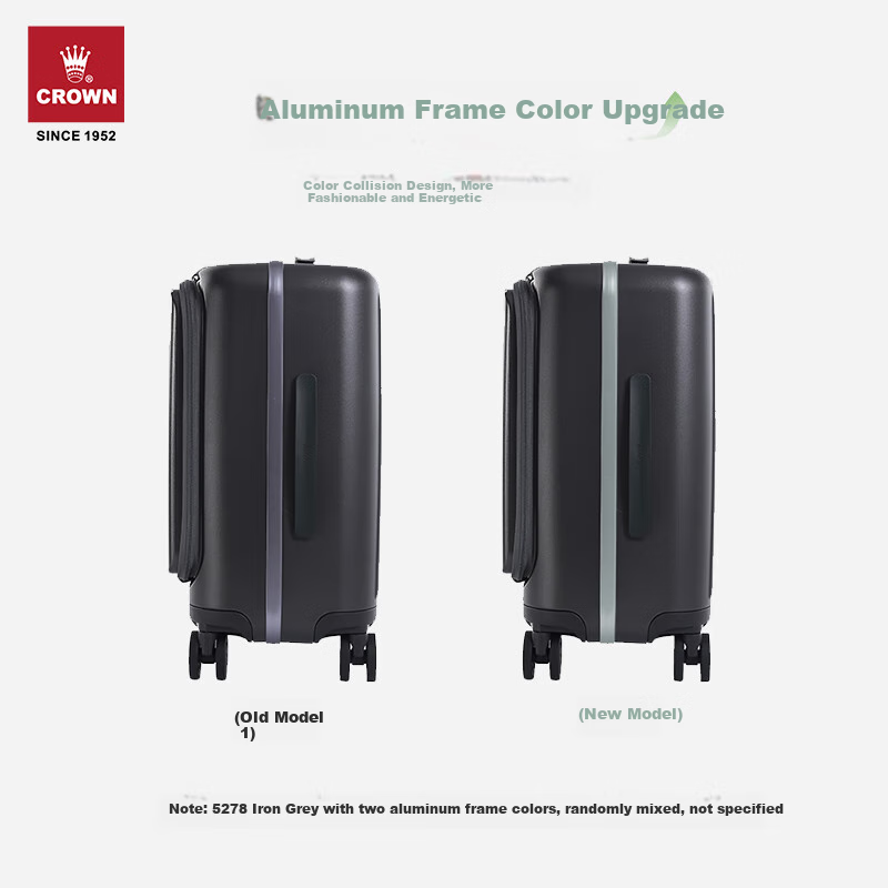 CROWN Zipper Aluminum Frame Suitcase, Carry-On Luggage, Large Capacity Front-Opening Luggage, Small Size, 5278-20 Iron Gray