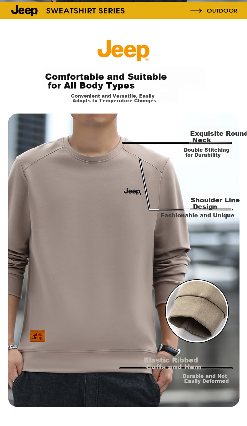 JEEP Men's Sweatshirt, Loose-Fitting Long-Sleeve T-Shirt for Autumn, Versatile Round Neck Undershirt, Casual Menswear, Black, Size L 2
