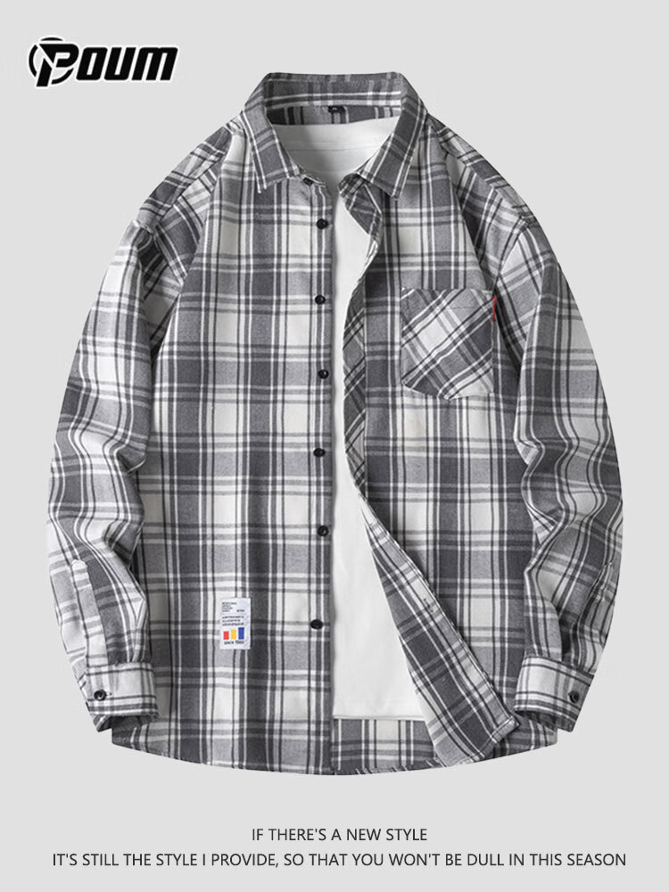 POUM Plaid Shirt Jacket for Men, Spring And Autumn Long-Sleeve Casual Shirt, Trendy Menswear, 2108 Gray, Size L 7