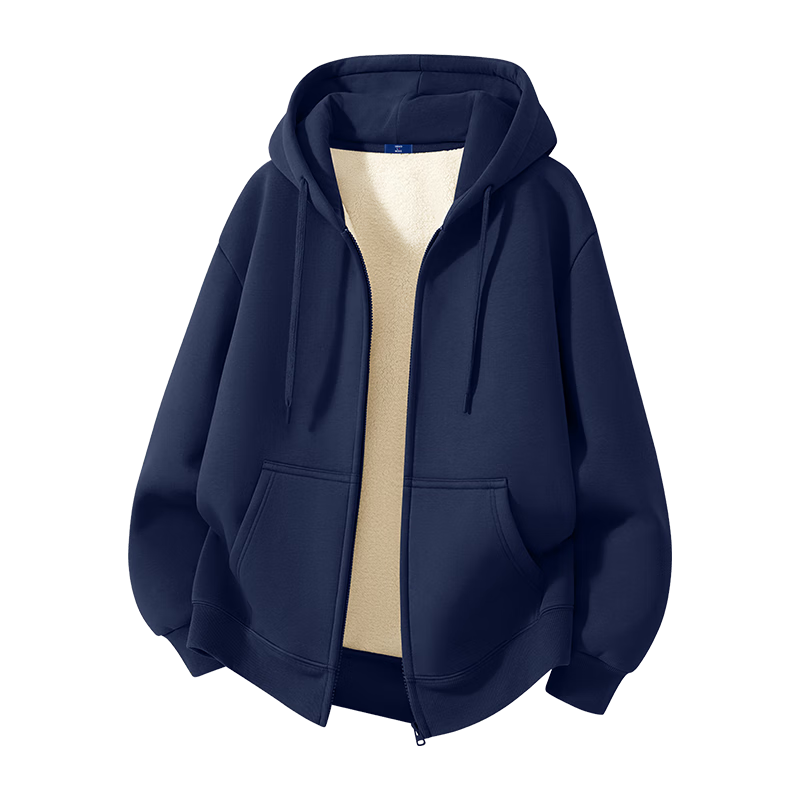 GENIOLAMODE Men's Fleece Hoodie Winter Trendy Brand Lamb Wool Thick Warm Jacket Navy Blue L