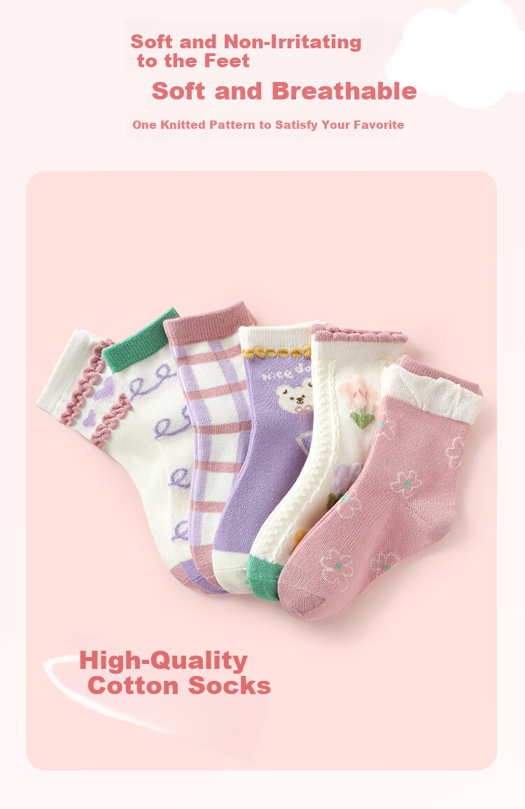 Bingxuemumian Children's Socks, Girls' Mid-Calf Cotton Socks for Spring, Autumn And Winter, 6 Pairs, Breathable, Suitable for Small to Big Kids, Versatile Lace Short Socks for Students 3