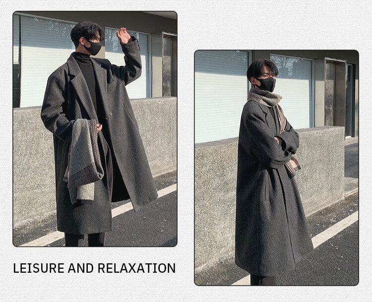 Homlean Men's Woolen Coat Autumn Winter Mid-Length Korean Style High-Quality Loose Over-the-Knee Wool Trench Coat HT21 Gray XL 4