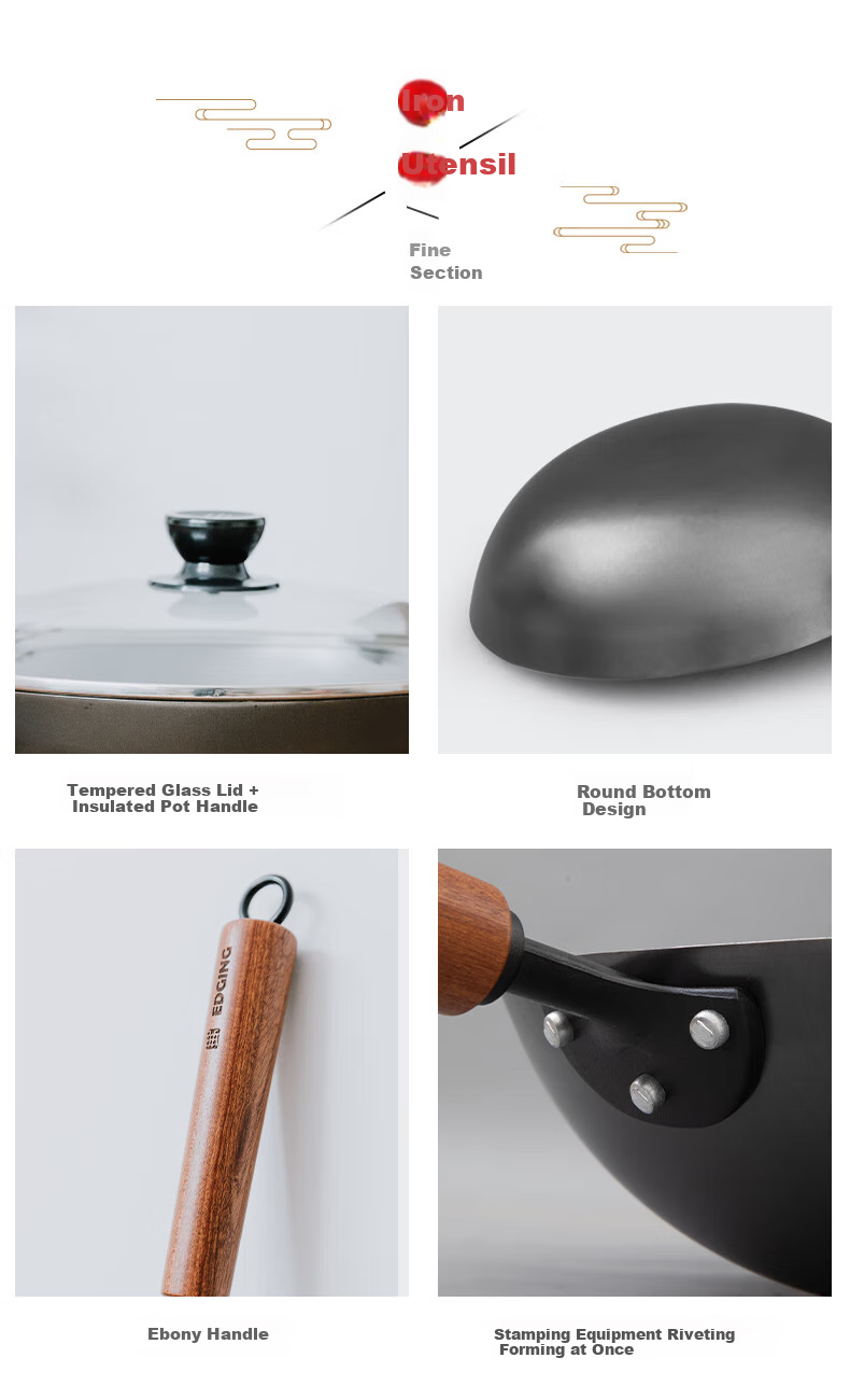 Dianjiang Cast Iron Wok, Uncoated Iron Pan, Cooking Pan for Home Use, Low Smoke, Round Bottom Wok for Gas Stove, Cookware, 30cm 3