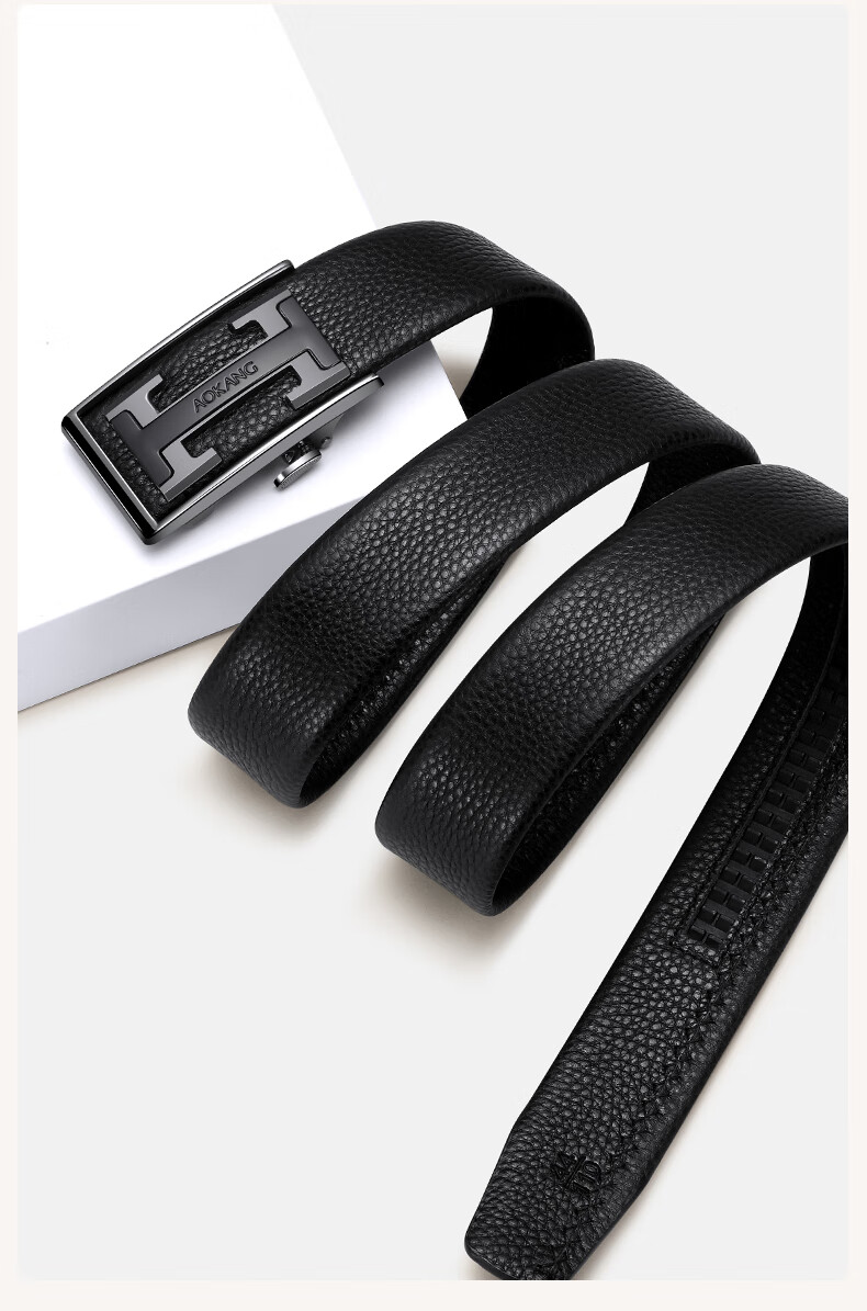 Aokang Men's Genuine Leather Belt, First Layer Cowhide, Flexible and Durable, Automatic Buckle, 115cm, Gunmetal Buckle, Gift for Men 16