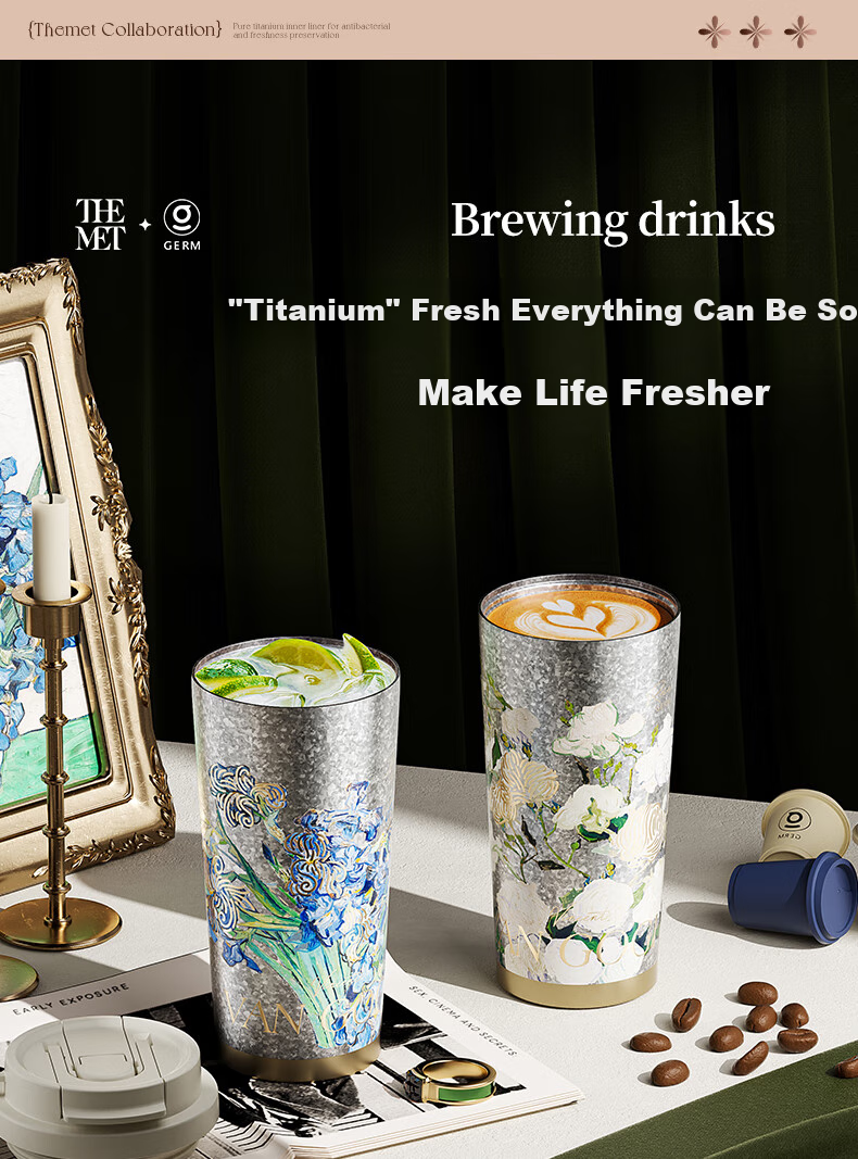 Germ Pure Titanium Insulated Mug for Women, Dual-Drinking Straw Coffee Cup Gift Box Water Bottle Mid-Autumn Festival Gift Cup 500ML Cherry Blossom 6