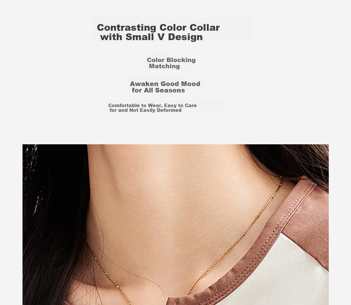 Taxiang Long-Sleeve T-Shirt for Women, Fashionable Small V-Neck Contrasting Color Spliced Top, Versatile Spring And Autumn Wear, Base Layer Shirt T143T2033 4