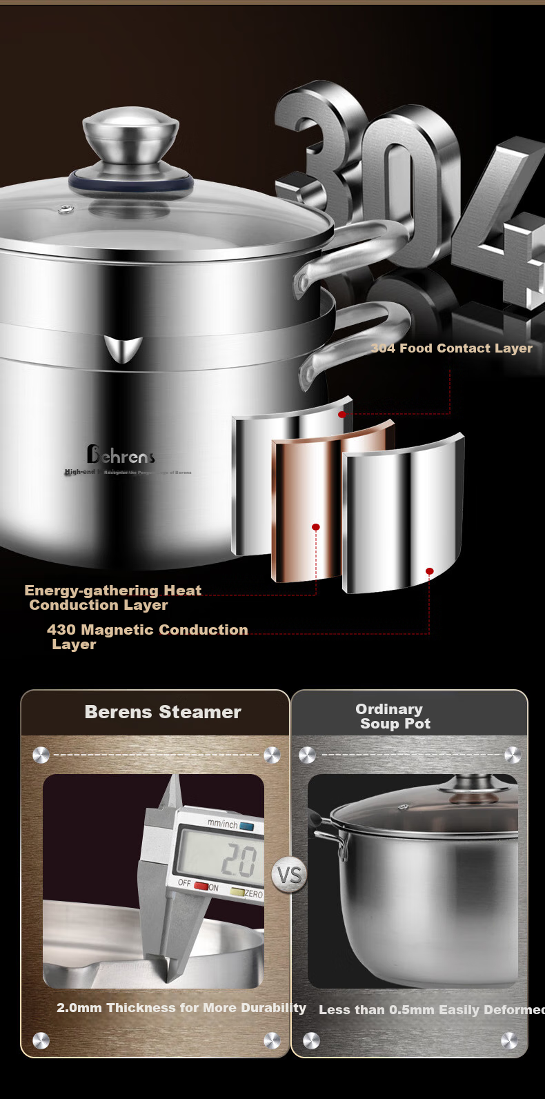 Beilunsi 304 Stainless Steel Soup Pot, Thickened Double-Handled, for Home Use on Gas Stove And Induction Cooker, for Stewing And Making High-Soup Pot with Steamer, 24CM 8
