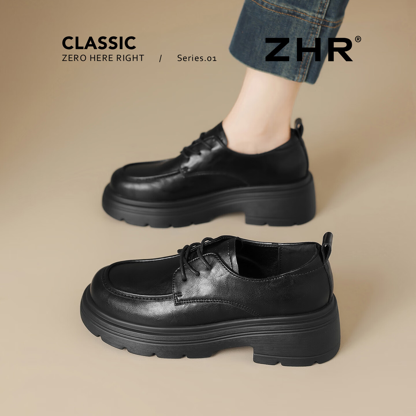 ZHR British Style Classic Retro Loafers for Women with JK Skirt Slip-On Thick Sole Leather Shoes AY273 Black Size 35