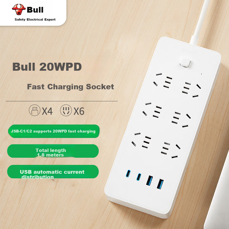 BULL 20W PD Apple Fast Charging Socket/power Strip/outlet Strip/power Board/desk Charger, Type-C + USB + 6 Outlets, Total Length 1.8 Meters with Master Switch, White GNV-U1206