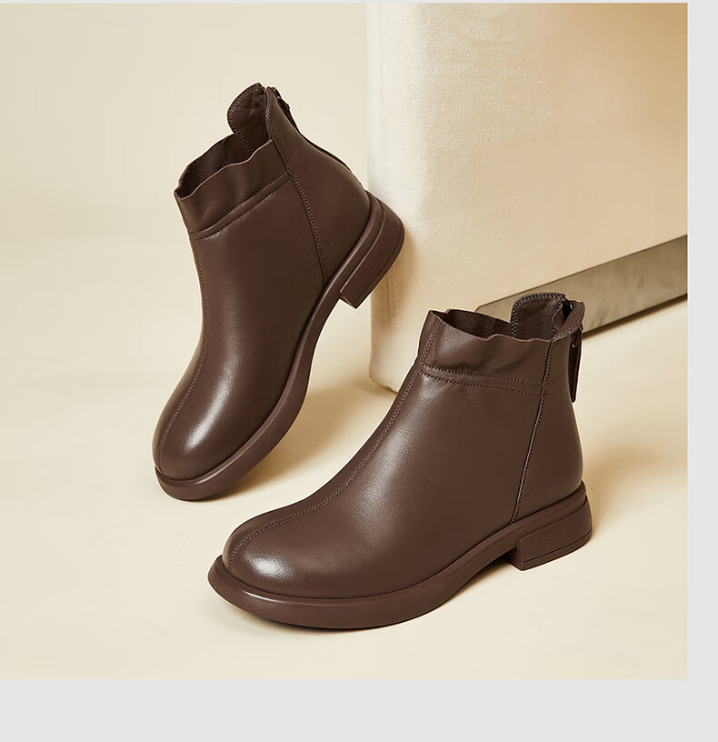 Fugui Bird Genuine Sheepskin Leather Ankle Boots Women Autumn Winter Fleece Lined Warm Fashion Boots Round Toe Chunky Heel Black Fleece Lined Size 37 11